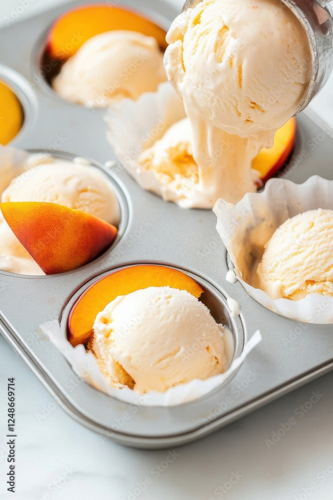 Vanilla ice cream in the dessert paper cupcake lines with peaches and ice cream spoon - styled food photography. Vanilla ice cream in the dessert paper cupcake lines with peaches and ice cream spoon - styled food photography.