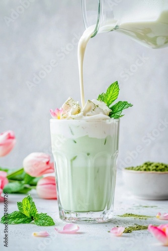 Green milk shake or natural healthy cocktail  with matcha with milk pouring in the glass.