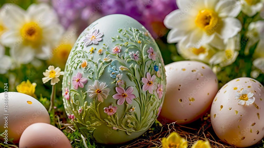 Fototapeta premium Easter egg close up vibrant pastels floral decoration