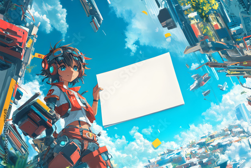 Futuristic Anime Character Holding Blank White Sign with Sci-Fi City Background

