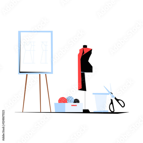 Fashion Designer Workspace With Dress Form, Sewing Tools, and Sketches in Flat Vector Illustration Symbolizing Creativity, Tailoring, and Fashion Design, Isolated on White Background