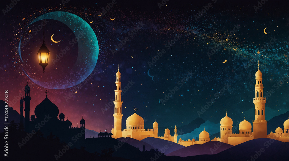 Fototapeta premium An abstract digital illustration representing the holy month of Ramadan. The artwork features a mystical night sky with a glowing crescent moon and twinkling stars, symbolizing spiritual reflection. S