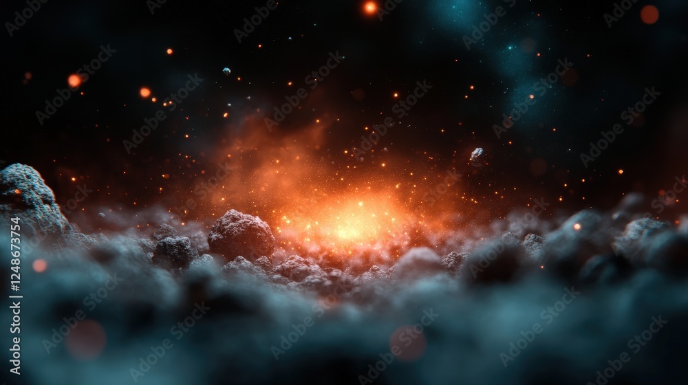 Obraz premium The image captures a mysterious cosmic explosion with vibrant colors against a dark celestial backdrop, inviting viewers to ponder the secrets of the universe and its infinite possibilities.
