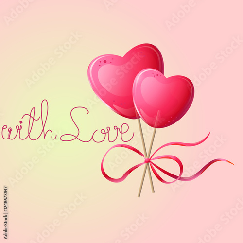 Pink heart lollipop. Greeting card with hearts. Two heart. Heart-shaped lollipops. Two pink lollipops with a bow. Heart-shaped candy in flat style.