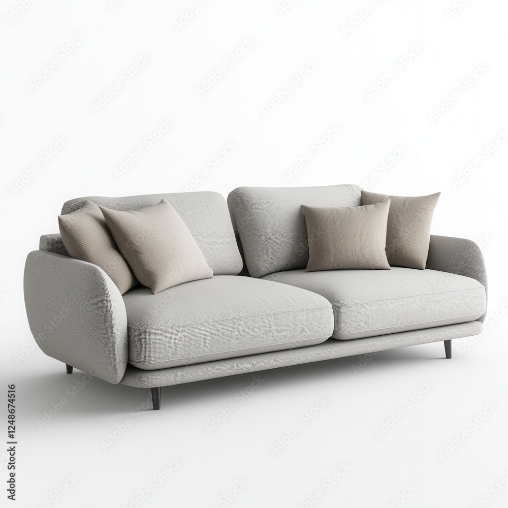 Fototapeta premium A 3D rendered modern sofa with soft cushions and a minimalist design, upholstered in gray fabric, isolated on a white background