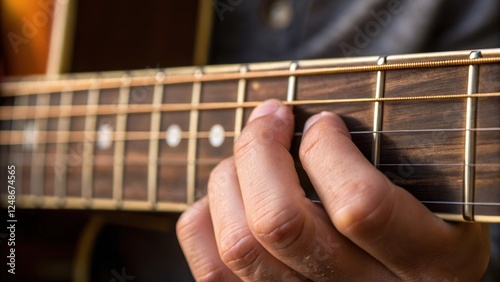 A closeup displays the musicians calloused fingertips pressing down on a string emphasizing the wear and tear of years of practice while the body of the guitar reflects the photo