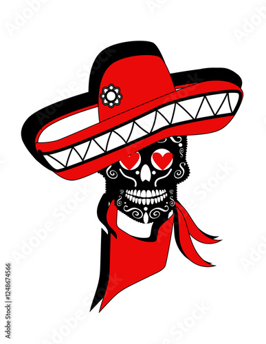 Valentine skull with heart eyes. A black and white sugar skull with intricate floral designs is depicted wearing a large red sombrero with a black trim. The skull's eyes are replaced with red hearts, 