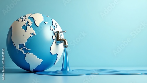 Globe with water tap and stream symbolizing sustainable water management for World Water Day