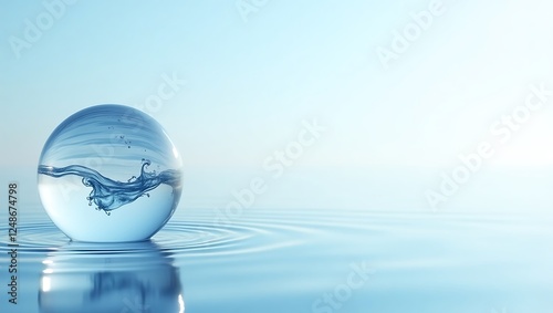 Translucent globe made of flowing water with ripples extending outward for text space