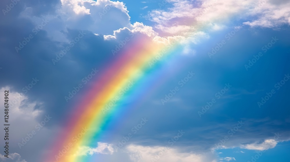 A Rainbow After A Storm Portraying The Promise Of Hope - A vibrant rainbow arches across a blue sky with sunlight breaking through dark clouds, symbolizing hope, renewal, beauty, positivity A Rainbow After A Storm Portraying The Promise Of Hope - A vibrant rainbow arches across a blue sky with sunlight breaking through dark clouds, symbolizing hope, renewal, beauty, positivity