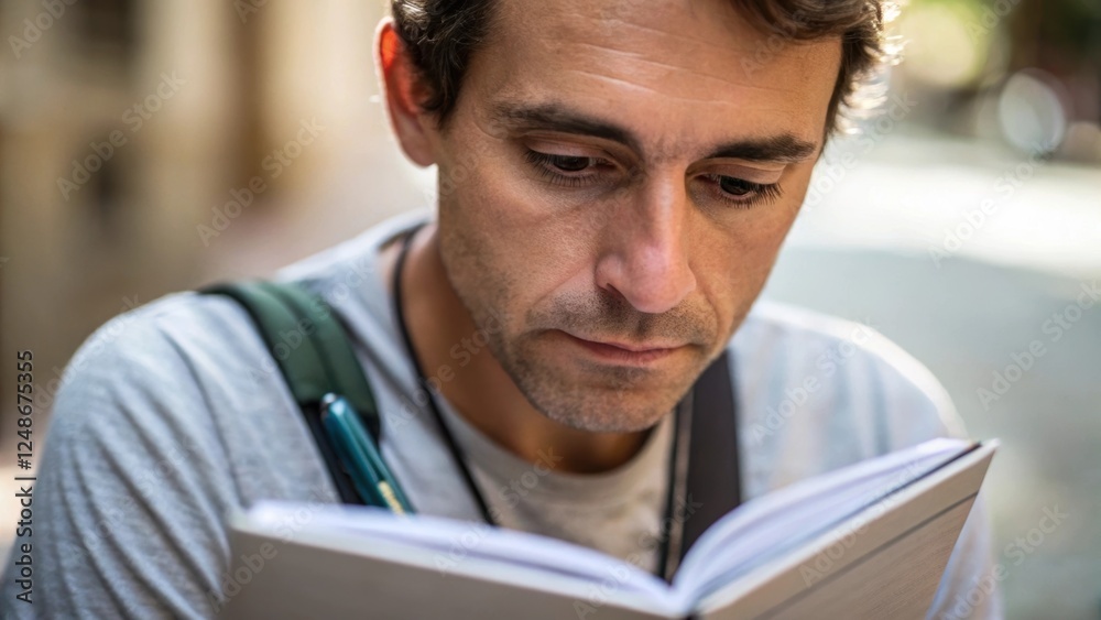 Fototapeta premium A closeup of a journalists face illuminated by natural light their brow furrowed in concentration while they flip through pages of their notebook. The casual tshirt reveals a hint