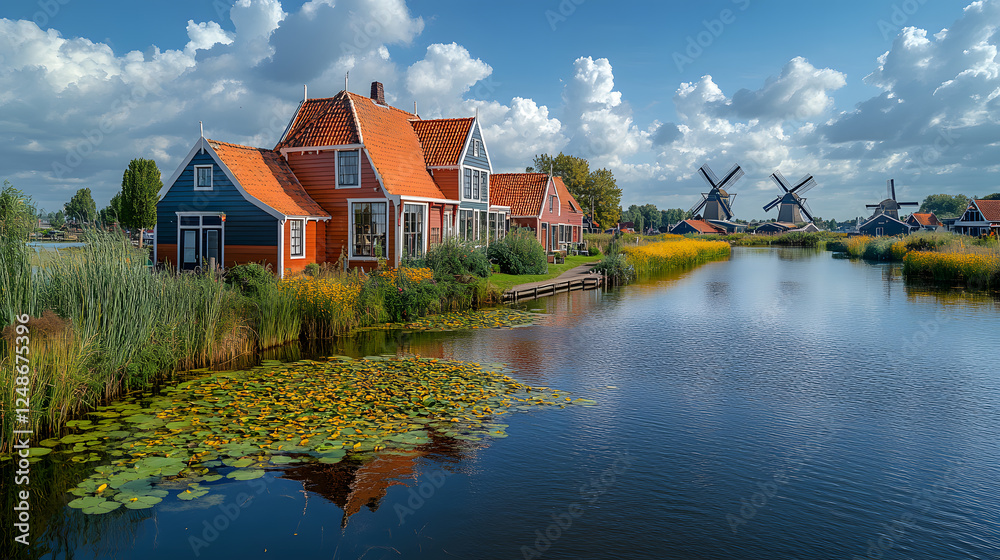 Obraz premium Photography of the famous Zaanse Schans, with its historic windmills, traditional wooden houses, and a charming village atmosphere under a clear blue sky.