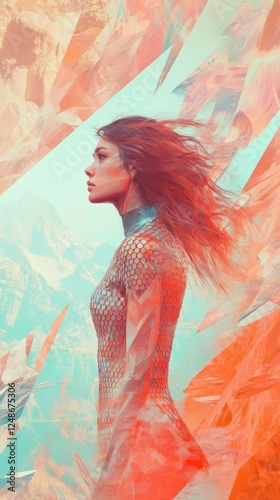 Woman in a vibrant, artistic outfit surrounded by abstract crystal formations