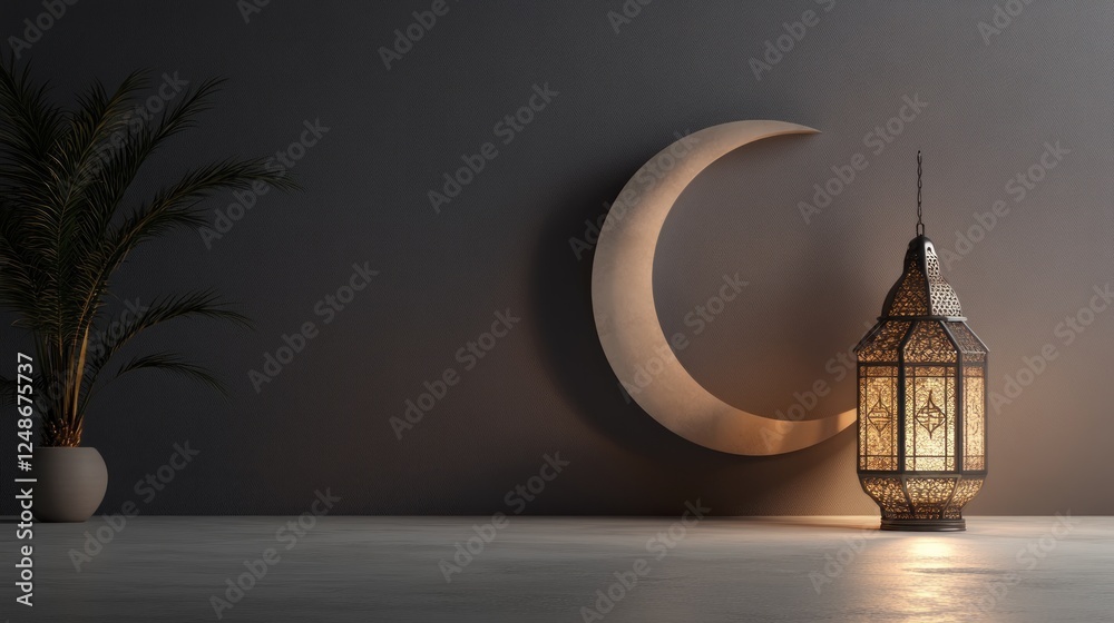 Ramadan lantern, crescent moon, minimalist room. Possible use Interior design inspiration, Islamic art, cultural display Ramadan lantern, crescent moon, minimalist room. Possible use Interior design inspiration, Islamic art, cultural display