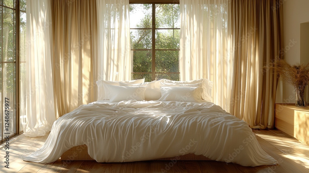 Fototapeta premium Bright and airy bedroom featuring a large, textured white bedspread with soft pillows, surrounded by natural light and greenery outside