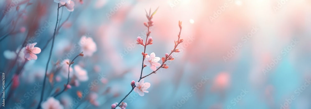 Flowers are floating in the air on a pink and blue background Flowers are floating in the air on a pink and blue background