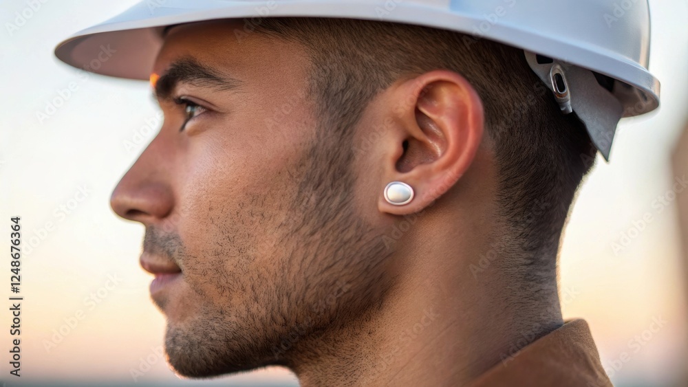 Obraz premium A closeup of the engineers ear adorned with a minimalist earring subtly showcasing a blend of class and modernity. The backdrop fades into soft colors that suggest a dynamic work