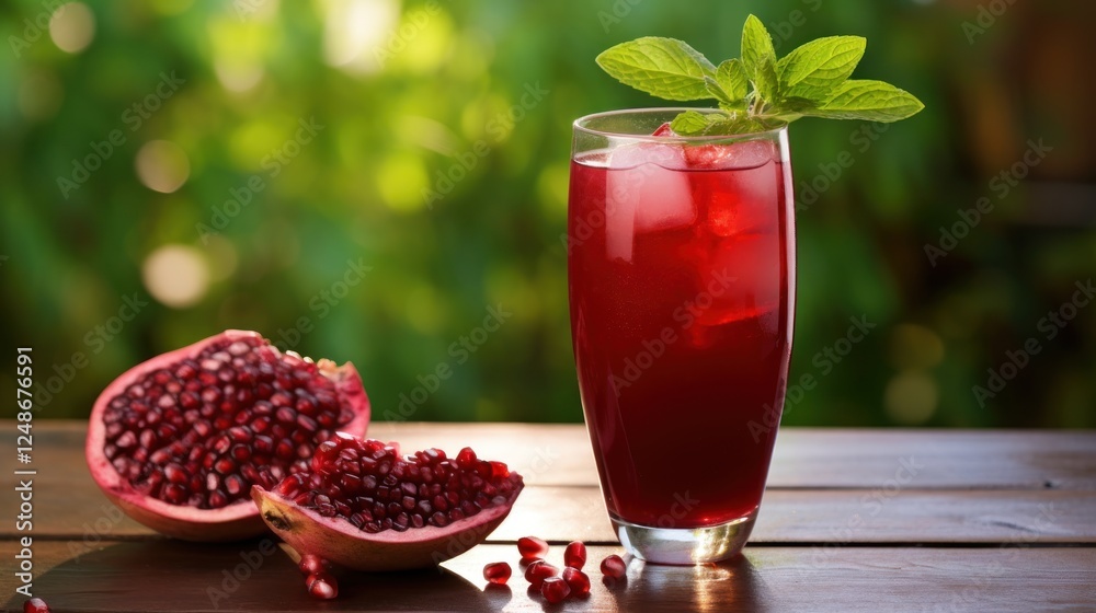 Refreshing Pomegranate Juice with Mint on a Wooden Table Outdoors Refreshing Pomegranate Juice with Mint on a Wooden Table Outdoors