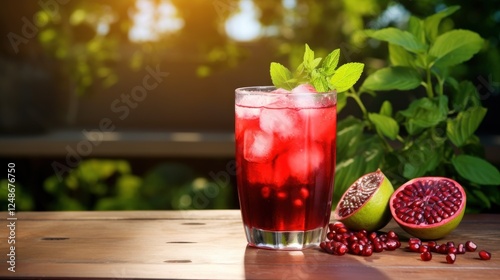 Refreshing pomegranate juice with ice and mint garnish outdoor
