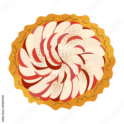 Isolated shortbread pie with apple slices and cinnamon in flat style on white background. Grunge texture effect. Layout for your decor. Vector illustration
