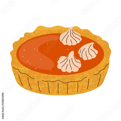 Isolated delicious pumpkin cheesecake with swirl cream in flat style on white background. Grunge texture effect. Template for your decor. Vector illustration. Sweet food.