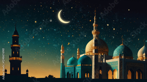 An abstract digital illustration celebrating Eid al-Fitr, symbolizing joy, unity, and spirituality. The artwork features a radiant golden crescent moon and shimmering stars against a soft pastel sky, 