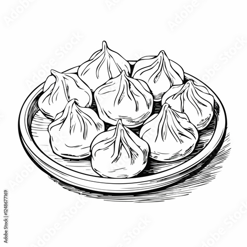 Momo Food Meal Menu Dish Delicious Cuisine Eat Sketch Style
