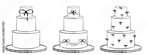 Holiday cake set with bows and ribbons. Vector illustration in retro coquette aesthetic. Sketch style clipart for wedding, birthday, bachelorette party, valentines day, hen-party.