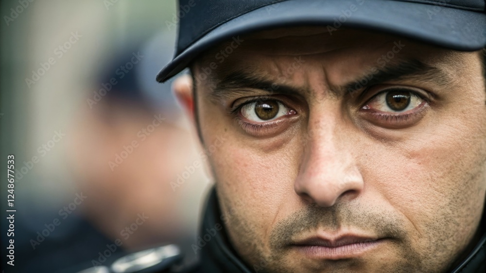 A closeup of the security guards eyes showcases intense concentration as he monitors the crowd. Subtle lines on his forehead indicate years of experience in assessing potential A closeup of the security guards eyes showcases intense concentration as he monitors the crowd. Subtle lines on his forehead indicate years of experience in assessing potential
