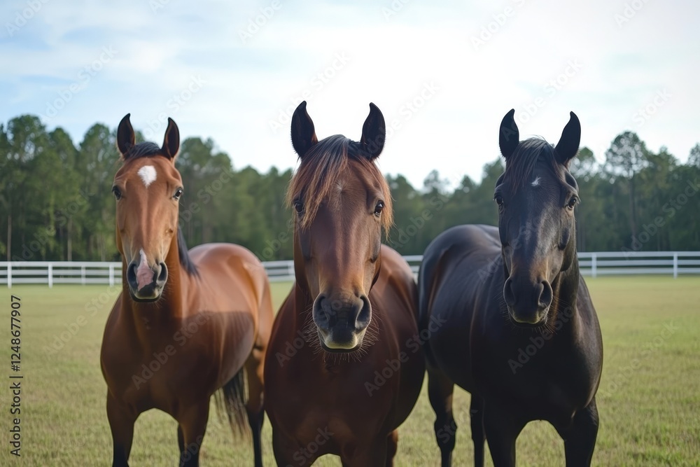 Fototapeta premium Three horses stand next to each other, looking at the camera