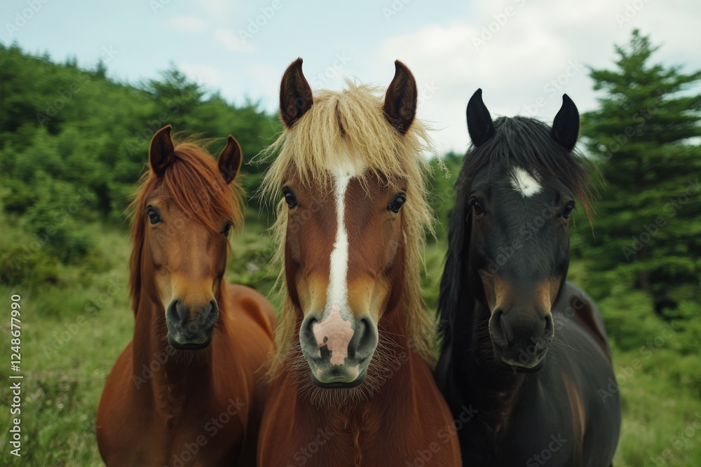 Three horses stand next to each other, looking at the camera Three horses stand next to each other, looking at the camera
