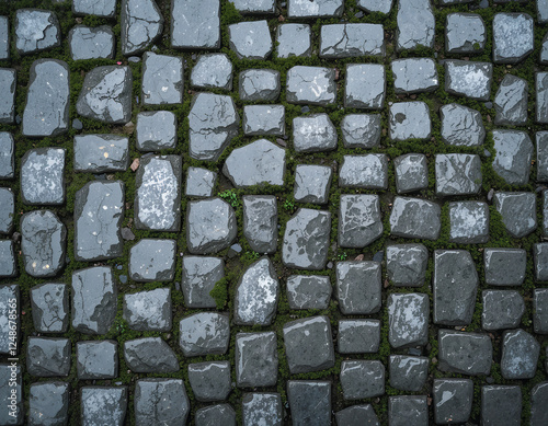 grey old stone floor, cobblestone road, green moss, wet surface, old stone pavement top view