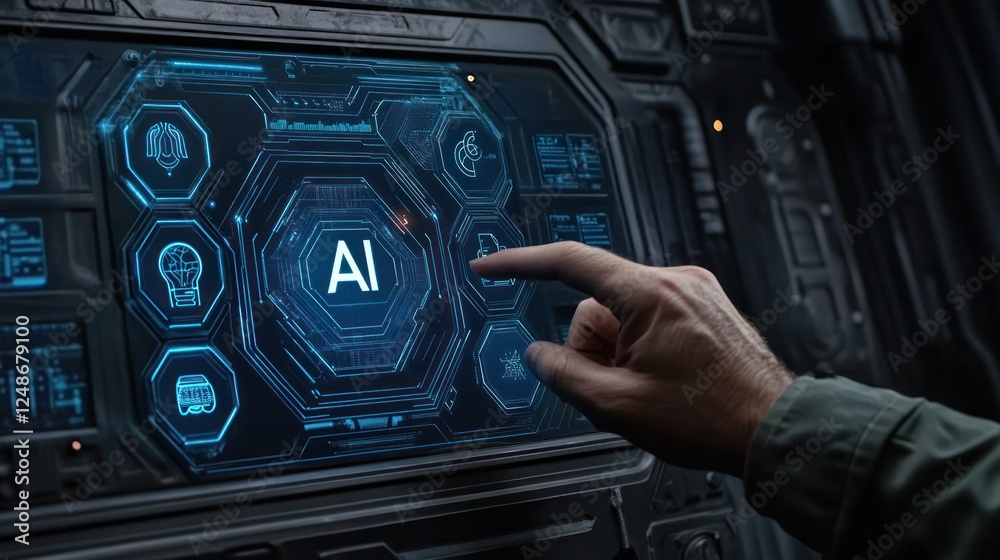 Obraz premium Hand Interacting with Futuristic AI Control Panel Displaying High-Tech Digital Interface and Graphics