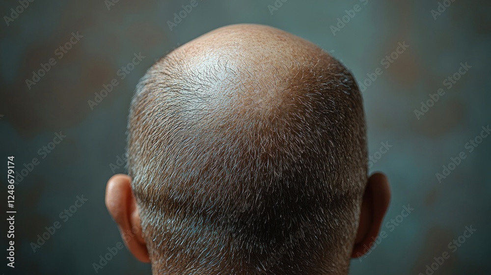 Close-up view of a bald man's head showcasing fine hair texture against a softly blurred background, ideal for lifestyle imagery Close-up view of a bald man's head showcasing fine hair texture against a softly blurred background, ideal for lifestyle imagery