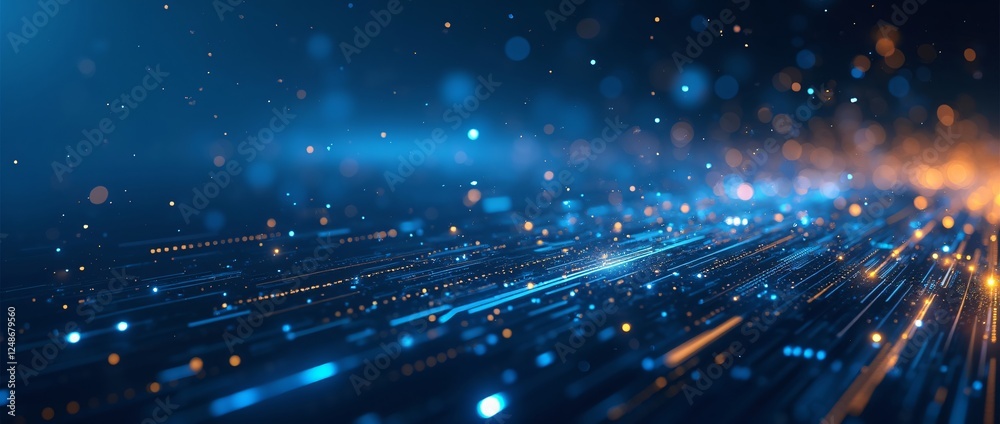 Obraz premium Digital technology speed motion blur with blue and yellow light trails. Abstract futuristic data stream. Digital transformation. Information and cyber technology concept