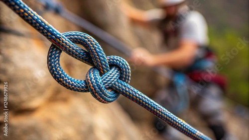 A detailed closeup of the safety knot itself emphasizing the symmetry and craftsmanship of the tie with a blurred view of the climbers arm in the periphery suggesting the strength