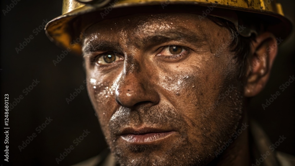 A detailed medium closeup capturing the miners forehead glistening with sweat showcasing craggy skin and speckles of coal dust that give a tangible sense of hard labor and A detailed medium closeup capturing the miners forehead glistening with sweat showcasing craggy skin and speckles of coal dust that give a tangible sense of hard labor and