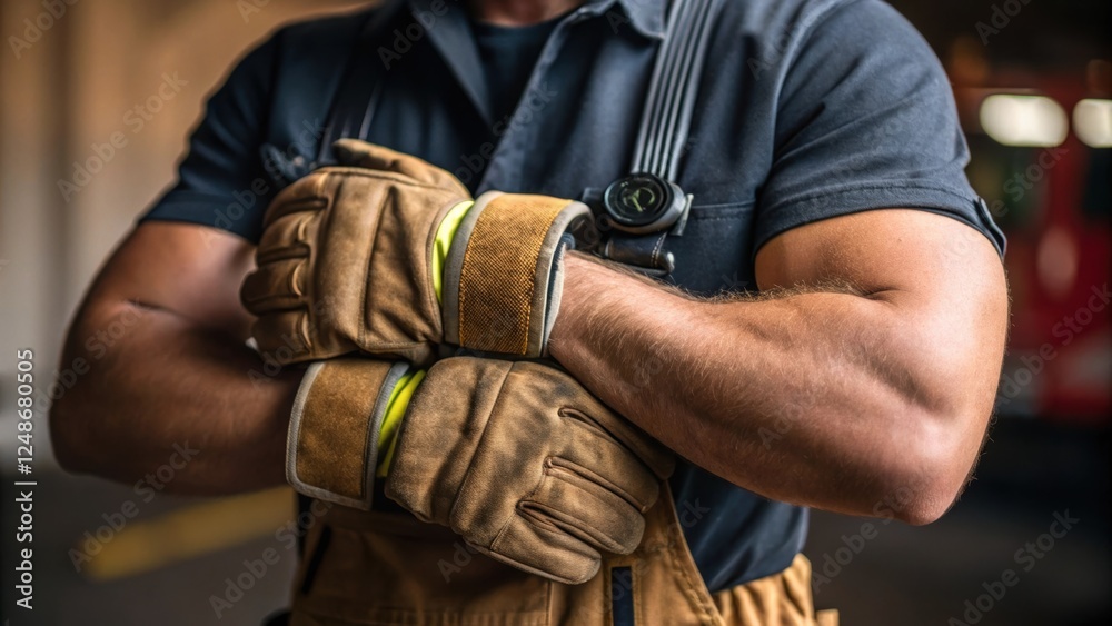A medium closeup captures the firefighters hands skillfully adjusting a sy leather glove the casual shirt sleeves revealing muscular arms reflecting the balance between readiness A medium closeup captures the firefighters hands skillfully adjusting a sy leather glove the casual shirt sleeves revealing muscular arms reflecting the balance between readiness