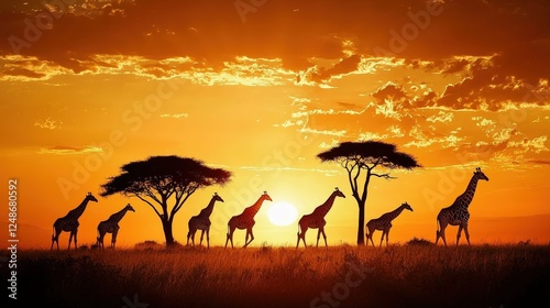 Silhouetted giraffes walk across the African savanna at sunset. Represents wild nature, safaris, and the beauty of wildlife conservation efforts in ecology and adventure themes.