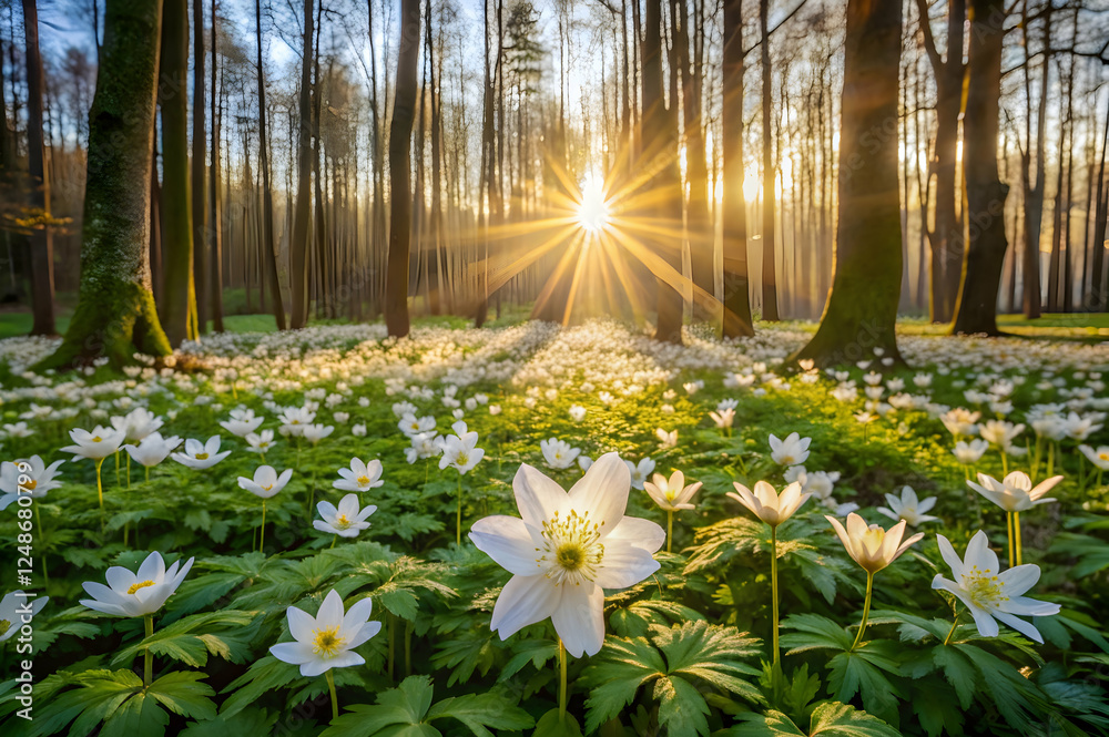 Obraz premium A serene forest scene at sunrise, featuring a carpet of white flowers under tall trees, bathed in warm sunlight.