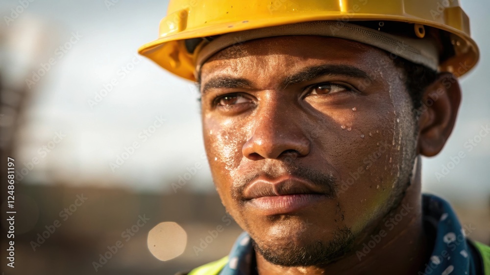 A medium closeup capturing the workers focused expression beads of sweat glistening on their forehead under the harsh sunlight. The determined gaze reflects an unwavering