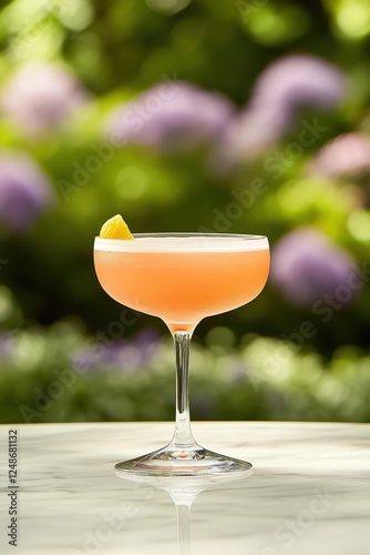 Orange alcohol cocktail drink in coupe glass with foliage and lilac background.