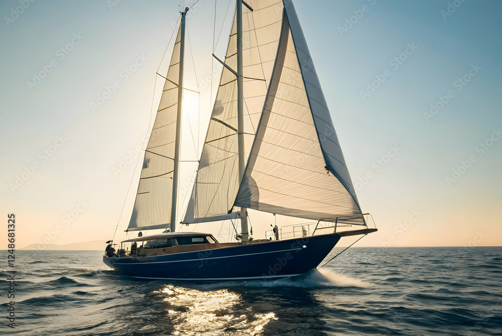 Fototapeta premium A sleek sailboat glides through calm waters, illuminated by the warm glow of the setting sun, showcasing its majestic sails and serene ambiance.