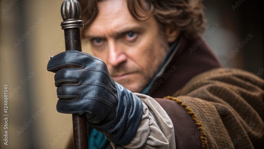 © DigitalSpace - A medium closeup featuring the actors gloved hand gripping a prop with intensity surrounded by the voluminous fabric of their costume evoking a sense of urgency and anticipation