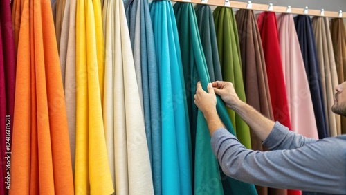 A medium closeup featuring multiple hanging samples of dyed fabrics in various colors with the operator choosing one for a quality check reflecting the meticulous nature of color photo