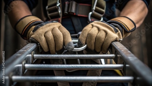 A medium closeup featuring the climbers hands gripping the steel ladder rungs tightly showcasing the texture of the gloves as well as the secure safety harness wrapped around the photo