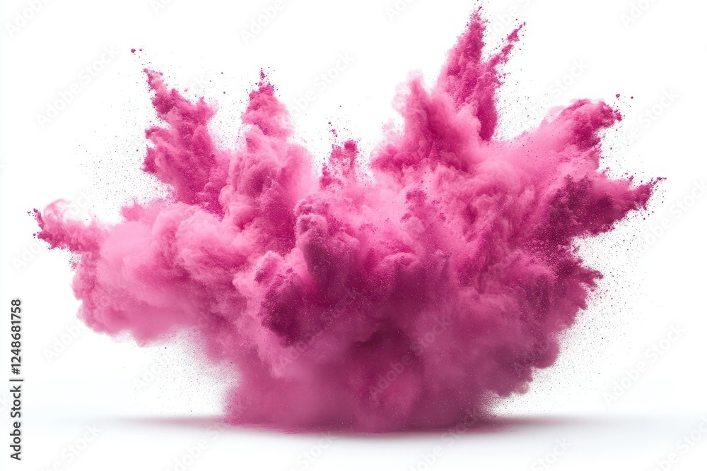 Naklejka premium explosive cloud of vibrant crimson powder against pure white background, frozen motion capture, dynamic particle dispersion