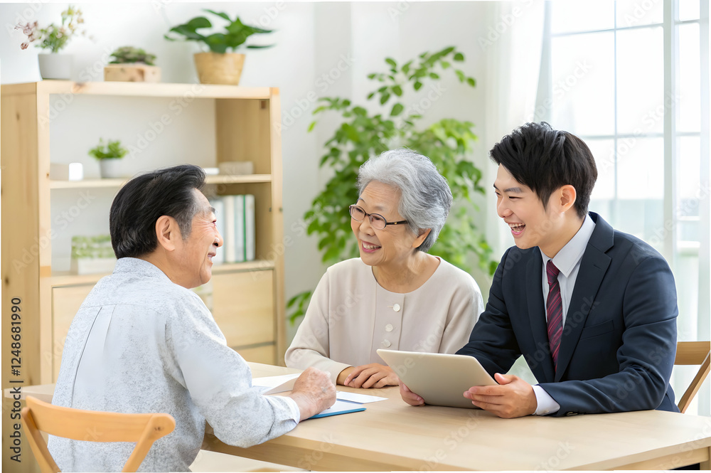 A warm conversation between an elderly couple and a young man, likely discussing finances or planning in a bright, homey setting. A warm conversation between an elderly couple and a young man, likely discussing finances or planning in a bright, homey setting.