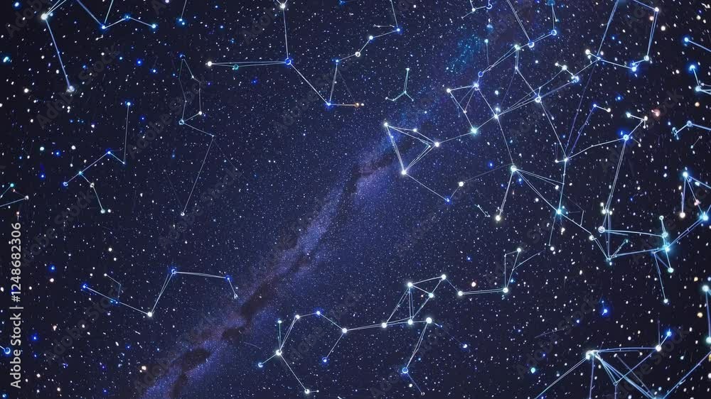 A mesmerizing video of a starry night sky with constellations, captured from a wide-angle perspective, showcasing cosmic beauty and mystery.