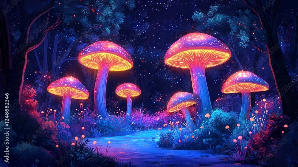 Fototapeta premium Luminous Mushrooms along a Night Forest Path